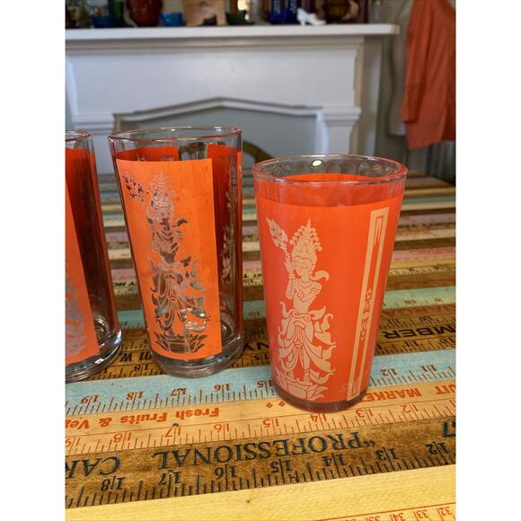 Thai Goddess Glass Mid Century Modern Retro Bar Set of 5 Asian MCM Red Some Wear - Picture 3 of 12